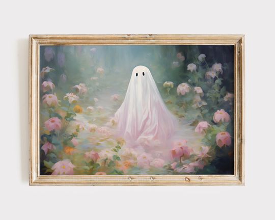 Floral Ghost Painting, Pastel Halloween Printable Art, Vintage Aesthetic