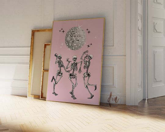 Discover Dancing Skeletons Halloween Wall Art, Disco Ball Aesthetic Print, Pink Printable Wall Art