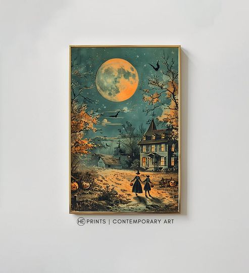 Trick or Treat at Haunted House Vintage Print - Halloween Art for Dark Cottagecore