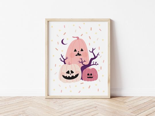 Discover Cute Pink Halloween Pumpkin Print | Kawaii Halloween Printable Wall Art