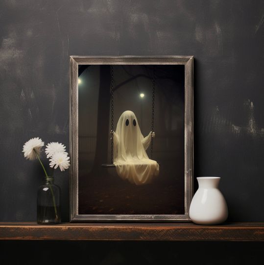 Discover Ghost On The Swing Art Print, Halloween Indoor Decoration, Digital Art Print