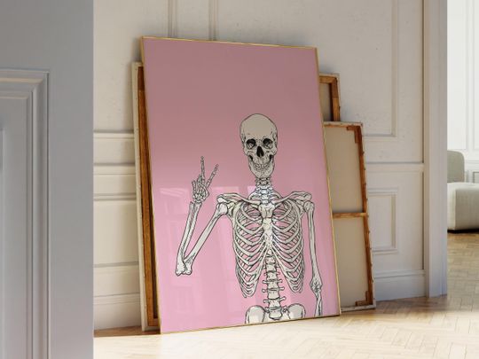 Pink Pastel Halloween Wall Art, Printable Retro Skeleton Art Print, Trendy Pink Poster