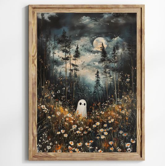 Discover Ghost in Magical Forest Wildflowers Meadow Art Print, Whimsical Halloween Decor