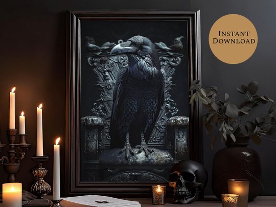 Discover Raven, On Throne Victorian Print, Print, Dark Cottagecore Halloween Poster