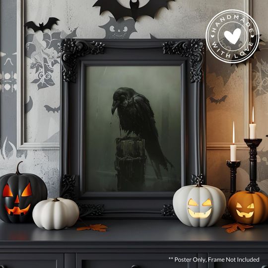 Discover Raven On Post Gothic Halloween Poster, Spooky Halloween Home Decor