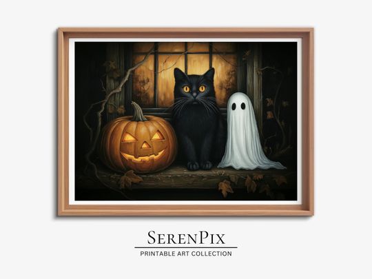 Discover Black Cat Pumpkin Ghost, Halloween Ghost Oil Painting, Cottagecore Decor
