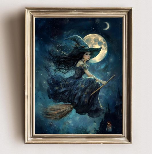 Discover Witch flying on broomstick, Witchy Wall Art, Halloween Prints, Flying Witch Painting