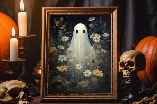 Discover Halloween Vintage Ghost Standing In Field With Flowers Art Print, Vintage Halloween