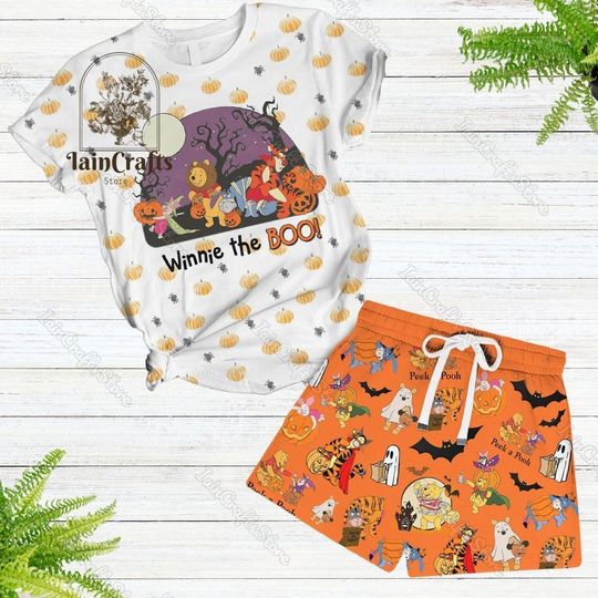 Halloween Winnie The Pooh T-Shirt/Shorts, Disney Pajamas Set, Cute Sleepwear, Magic Kingdom Shirt, Cartoon Pajamas, Spooky Season Gift