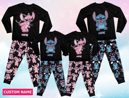 Custom Ddisney Stitch And Angel Group Matching Family Pajama Set,Personalized Stitch Pajamas Angel Pajamas Gift For Family Birthday Boy Girl