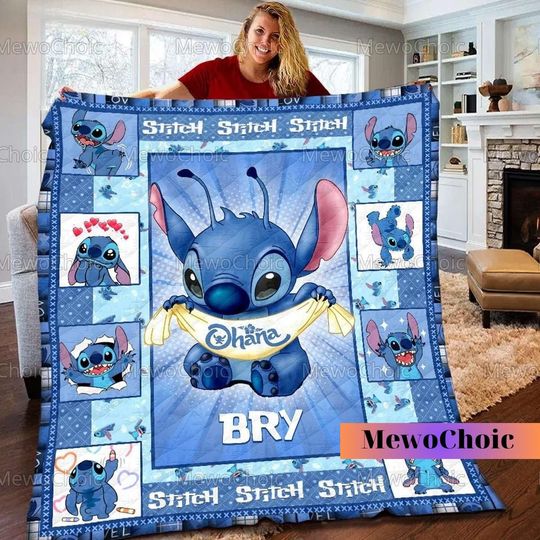 Stitch Ohana Means Family Quilt, Personalized Stitch Quilt, Disney Ohana Quilt, Stitch Birthday Gifts, Queen Size Quilt, Stitch Decor