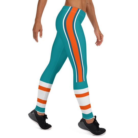 Discover Miami Fan/Team Colors Aqua With White-Orange Stripes/Cute Ladies Football Style Sports Leggings