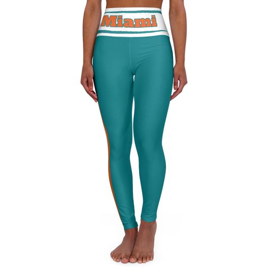 Miami Football Themed High Waisted Yoga Leggings, Women's Miami Dolphins Fan Leggings, Gift for women, sports fan leggings, football game