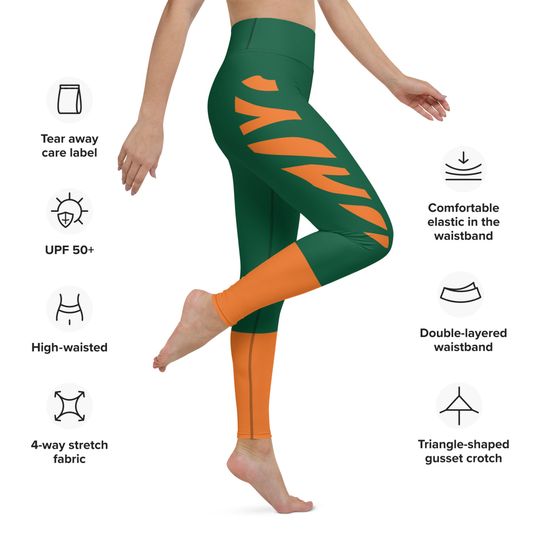 Discover Miami Fan/Team Colors Orange With Green and White Striped/Cute Ladies College Football Style Yoga/Dance/Fitness Raised Waistband Leggings