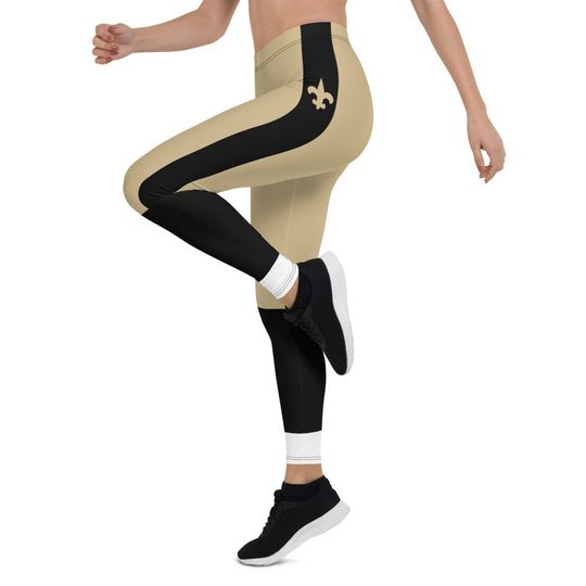 New Orleans Fan/Team Colors With Old Gold and Black Striped Fluer-De-Lis/ Cute Ladies Football Style Sports Leggings