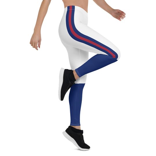 Discover New York Fans Leggings | Team Colors White With Dark Blue and Red Stripes | New York Football-Style Women's Sports Leggings | Game Day Fans