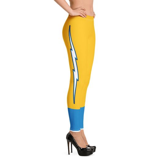 LA Football Uniform Leggings/ Team Colors Gold And Powder Blue With Lightning Bolt/ Ladies Football Style Sports Leggings