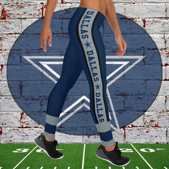Dallas Fan/Team Colors Metallic Silver With Blue-White Stars And Stripes/Cute Ladies Football Style Sports Leggings