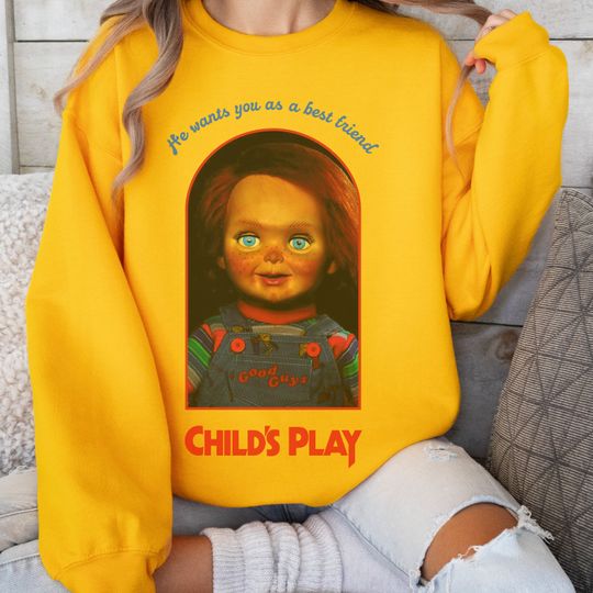 Discover Chucky Child's Play Sweatshirt, Unisex Yellow Chucky Doll Box Vintage Crewneck Sweatshirt, Vintage Retro Horror Movie Sweatshirt