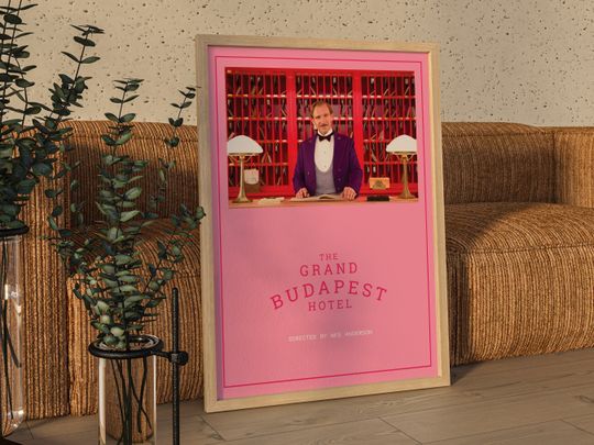 Discover The Grand Budapest Hotel Minimal Poster, Wes Anderson Ralph Fiennes Movie Pink Pastel Poster