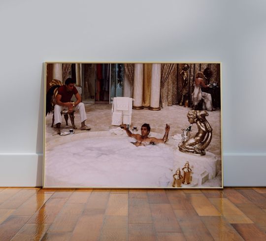 Scarface Movie Bathroom Poster, Funny 80s Gangster Movie Restroom Decor, Al Pacino as Tony Montana in Bathtub Cigar Scene print