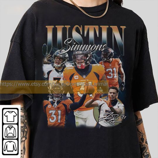 Discover Vintage 90s Graphic Style Justin Simmons T-Shirt, Justin Simmons Shirt, Denver Football Shirt, Vintage Oversized Sport Shirt