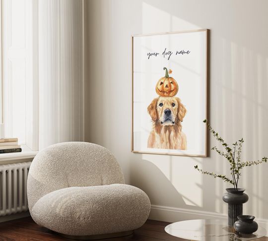 Discover Golden Retriever With Pumpkin On Head Print, Digital Halloween Autumn Thanksgiving Print