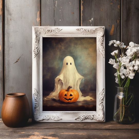 Discover Ghost And Pumpkin Halloween Wall Art Print, Ghost Home Decor for Fall