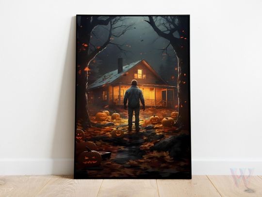 Discover Original Halloween Movie Poster, Spooky Cabin Wall Art, Jack-O'-Lanterns