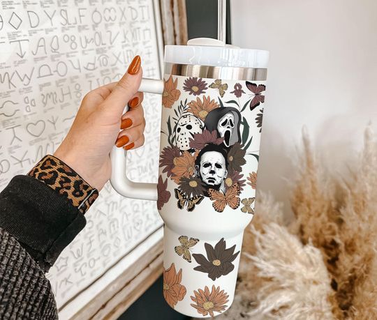 Discover Floral Horror Characters Tumbler 40oz With Handle,  Halloween Tumbler 40oz, Scary Movie Tumbler, Stainless Steel Tumbler, Insulated Tumbler