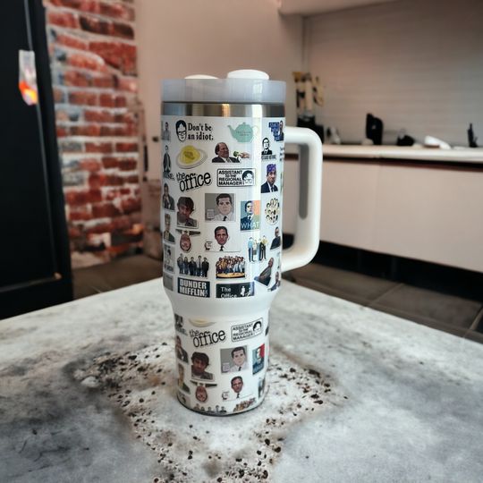 Discover 40oz The Office "sticker" Tumbler, With handle and straw, Michael, Dwight, Steve Carrel, Jim, Pam