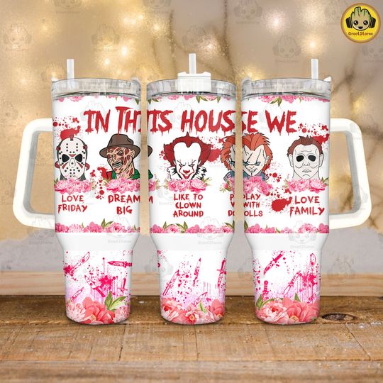Discover Halloween Floral Killers 40 oz Quencher Tumbler, Horror Movie Killers Halloween Chibi 40oz Tumbler