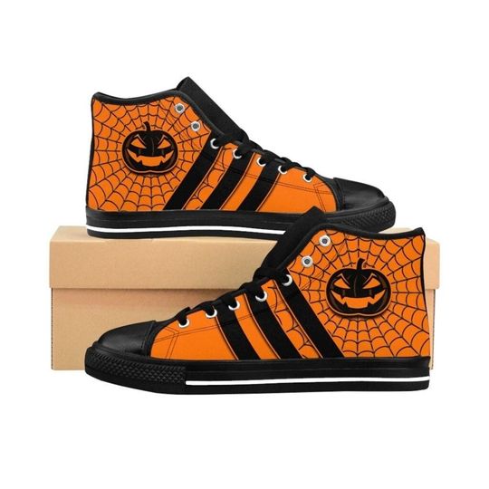 Mens Halloween Shoes, Orange Black Pumpkin Sneakers Spiderweb Creepy Spooky Classic High Tops, All Hallows Eve, Spoopy Jack o Lantern