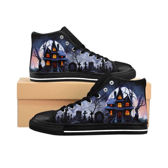 Mens Halloween Shoes, Gothic Haunted House Sneakers, Creepy Spooky Fantasy Graveyard High Tops, Alt Goth Footwear, Scary Dark Eerie Macabre