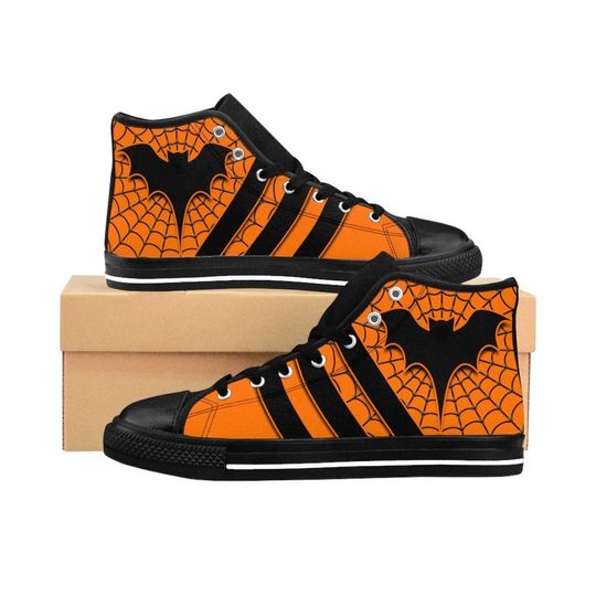 Halloween Shoes, Orange Black Costume Sneakers Spiderweb Bat Creepy Spooky Classic Canvas High Tops, All Hallows Eve, Retro Mens Outfit