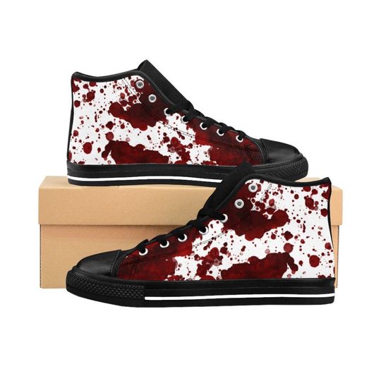 Bloody Shoes, Mens Blood Stained Halloween Costume Sneakers, Splattered Soaked Dripping, Horror Terror Gothic Goth Vampire Canvas High Tops