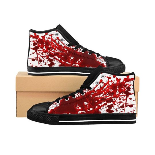 Blood Splattered Shoes, Mens Bloody Stained Halloween Costume Sneakers, Soaked Dripping, Horror Terror Gothic Goth Vampire Canvas High Tops