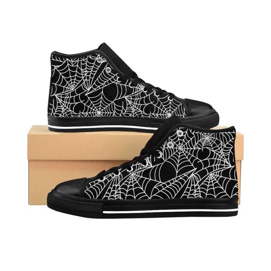 Mens Spiderweb Shoes, Edgy Goth Sneakers, Alt Gothic High Tops, Creepy Spooky Halloween Aesthetic Footwear
