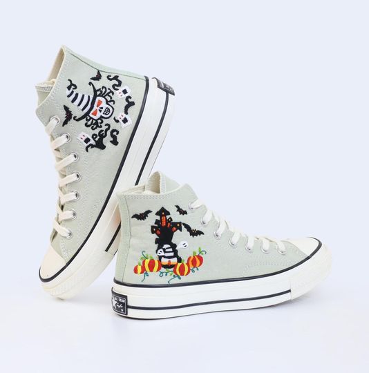 Custom Halloween Converse Shoes, Cute Magic Ghost Embroidered Shoes, Halloween Vibes Embroidered Sneakers, Pumpkin Embroidery Converse