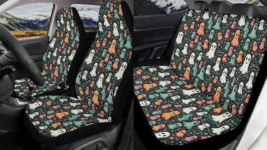 Discover Cute Doodle Ghost Car Seat Covers Full Set, Spooky Halloween Season Front And Back Seat Covers For Vehicle, Steering Wheel Cover, Car Gift