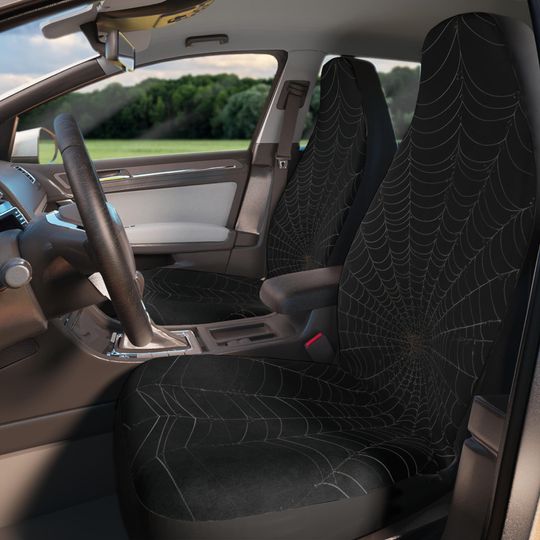Set of 2 Black Spider Web Polyester Car Seat Protector Goth Car Accessories Gift For Her Spooky Goth Seat Cover Trendy Car Accessories