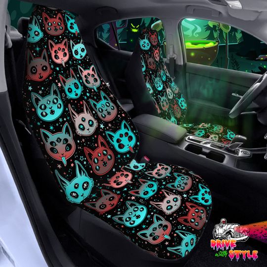Creepy Cats Car Seat Covers, pastel goth car accessories, car seat protectors, evil animal witchy car decor