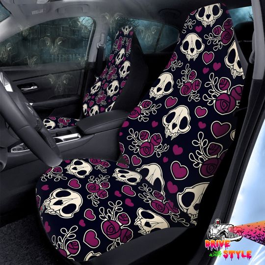 Discover Car Seat Covers Gothic Love Drive, Rebellious Romance Car Accessory, goth car seat protectors, animal skull auto decor