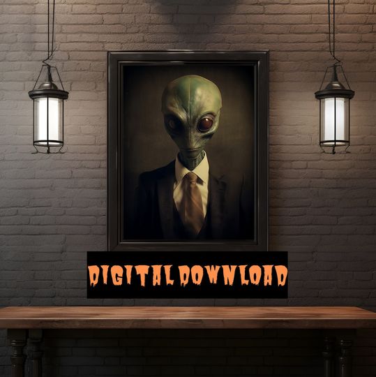 Discover Scary Alien - Digital Download Retro Halloween Art - Printable Wall Art Home Office Decor