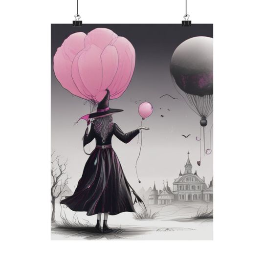 Spooky Witch Poster, Pink Balloons, Unique Halloween Poster, Fall Classroom Decor