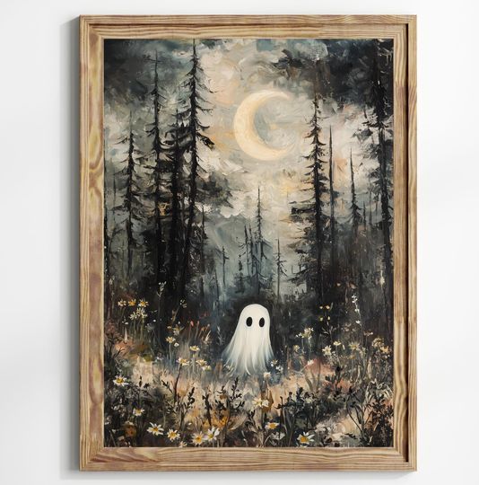 Discover Ghost in Magical Forest Wildflowers Meadow Art Print, Whimsical Halloween Decor
