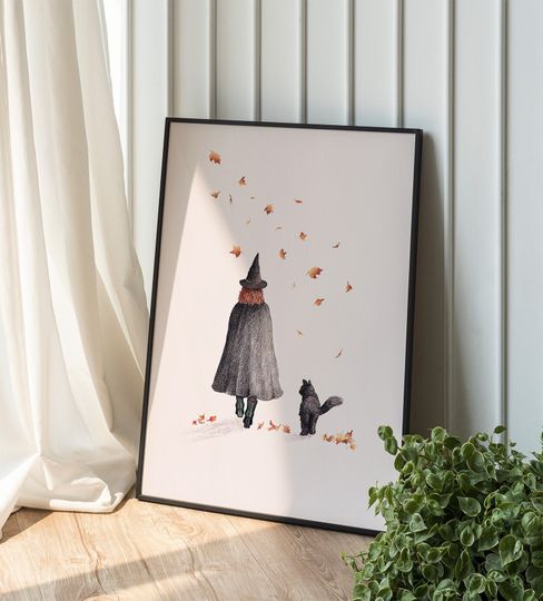Witch & Cat Art Print | Halloween Art | Halloween Wall Art | Witch Illustration