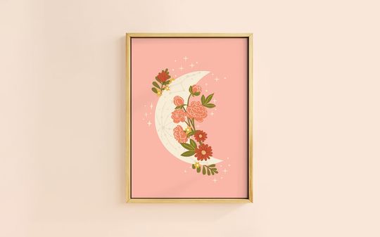 Boho Meadow Crescent Moon Wildflower Art Print | Halloween Witch Fall Boho Autumn Decor