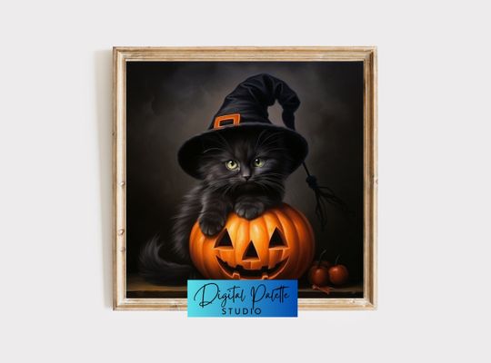 Discover Witchy Kitten 1 |  Square | Digital Print | Halloween Dcor | Halloween Art Print