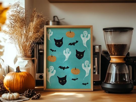 Discover Halloween Cat Poster, Turquoise Halloween Print, Halloween Wall Art